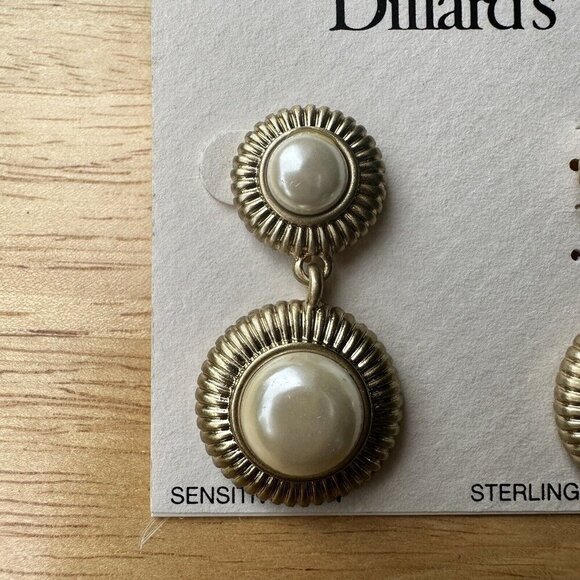 Dillards Sensitive Skin 925 Sterling Post Earrings Dangle 1.5" Faux Pearl New - Picture 2 of 6